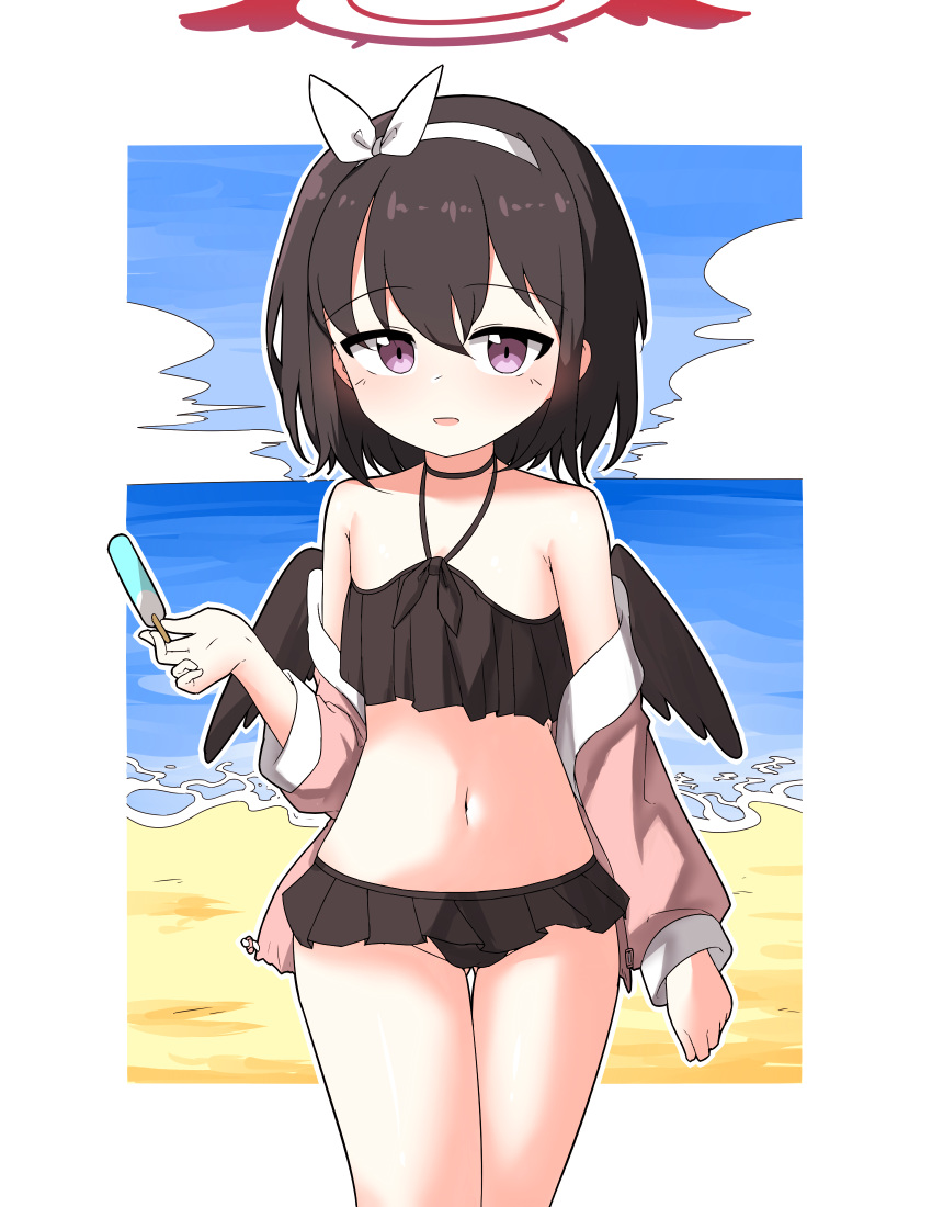 1girl bare_shoulders beach bikini black_bikini black_hair black_wings blue_archive border bow_hairband choker cloud collarbone day feet_out_of_frame flat_chest food frilled_bikini frills hagoonha hairband halo hand_up highres holding holding_food holding_popsicle jacket jacket_over_swimsuit light_blush looking_at_viewer low_wings mashiro_(blue_archive) mashiro_(swimsuit)_(blue_archive) navel ocean open_mouth outdoors pink_jacket popsicle purple_eyes red_halo short_hair sky solo swimsuit white_border white_hairband winged_halo wings