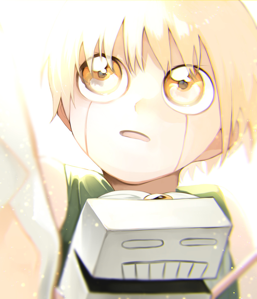 1boy backlighting blonde_hair chromatic_aberration commentary_request facial_mark gash_bell hei_tai_(kyaputen1) highres konjiki_no_gash!! light looking_up male_focus open_mouth portrait solo yellow_eyes