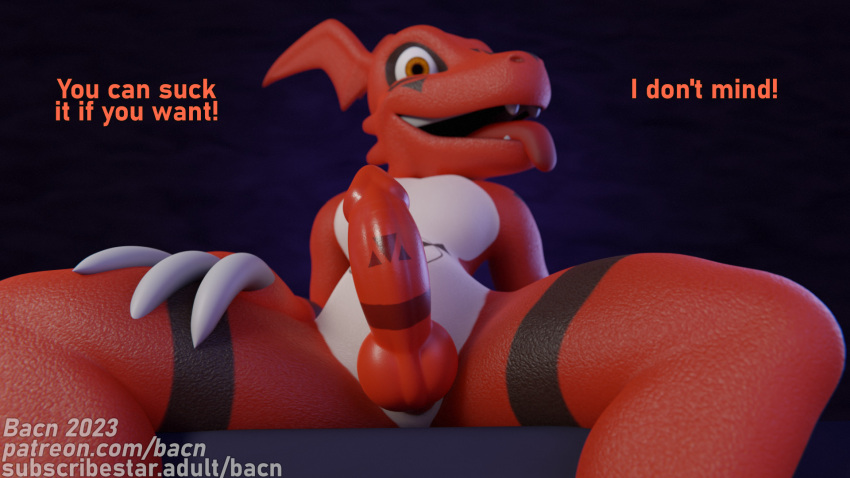 2023 3d_(artwork) animal_genitalia animal_penis anthro bacn bandai_namco claws dialogue digimon digimon_(species) digital_media_(artwork) english_text erection genitals guilmon happy hi_res knot looking_at_viewer male markings nude open_mouth penis presenting presenting_penis scalie simple_background smile solo solo_focus spread_legs spreading text tongue tongue_out