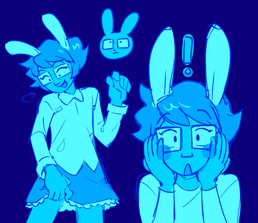 5_fingers animal_humanoid blue_background blue_theme blush clothed clothing crossgender exclamation_point eyebrow_through_hair eyebrows eyelashes eyewear felinedae_(artist) female fingers fully_clothed glasses hair happy hi_res homestuck humanoid john_egbert june_egbert lagomorph lagomorph_humanoid leporid_humanoid long_ears mammal mammal_humanoid ms_paint_adventures mtf_crossgender open_mouth prick_ears rabbit_humanoid rectangular_glasses shirt simple_background solo standing surprise topwear trans_(lore) trans_woman_(lore) translucent translucent_hair webcomic