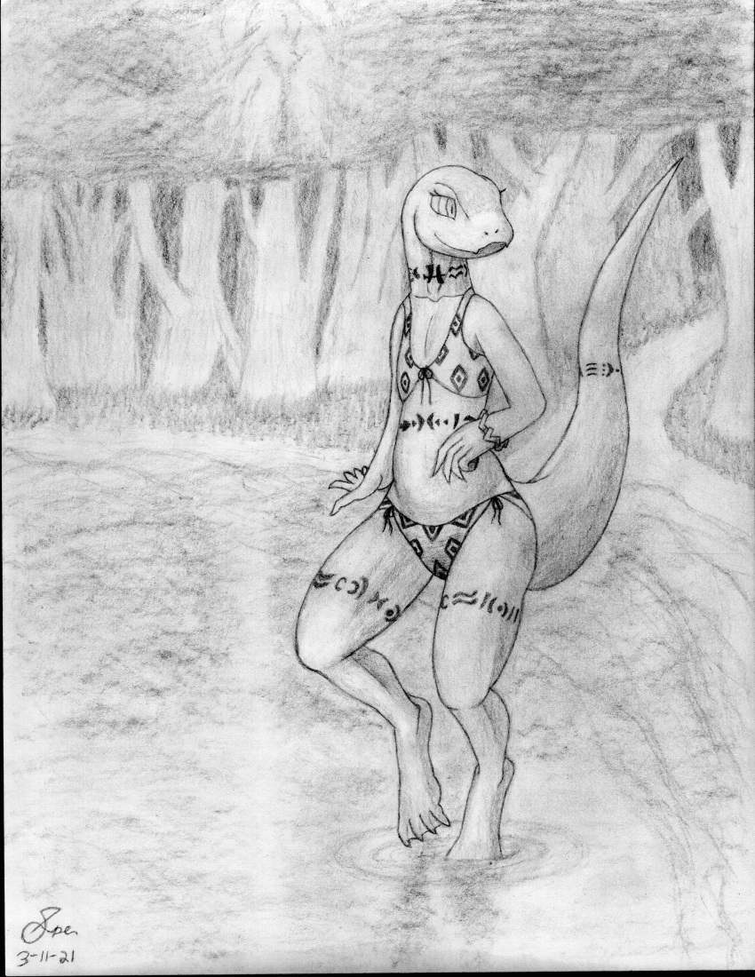 2021 4_toes 5_fingers absurd_res anthro bangle belly belly_tattoo big_tail bikini bikini_bottom bikini_top biped bottomwear bracelet clothed clothing crusch_lulu cute_fangs dated detailed_background digitigrade eyelashes fangs feet female fingers flat_chested forest front-tie_bikini front-tie_clothing front-tie_swimwear front_view graphite_(artwork) greyscale hi_res jewelry lake leg_tattoo light lizard lizardman lizardman_(overlord) long_tail looking_away looking_back membrane_(anatomy) monochrome neck_tattoo one_leg_up outside overlord_(series) partially_submerged pattern_bikini pattern_bottomwear pattern_clothing pattern_swimwear pattern_topwear pencil_(artwork) plant raised_leg raised_tail reflection reptile scalie shaded shadow shore shoreline side-tie_bikini side-tie_clothing side-tie_swimwear signature smile solo spe standing_in_water string_bikini sunset swimwear symbol tail tail_tattoo tapering_tail tattoo teeth thick_tail toes topwear traditional_media_(artwork) tree tribal tribal_tattoo walking water webbed_feet