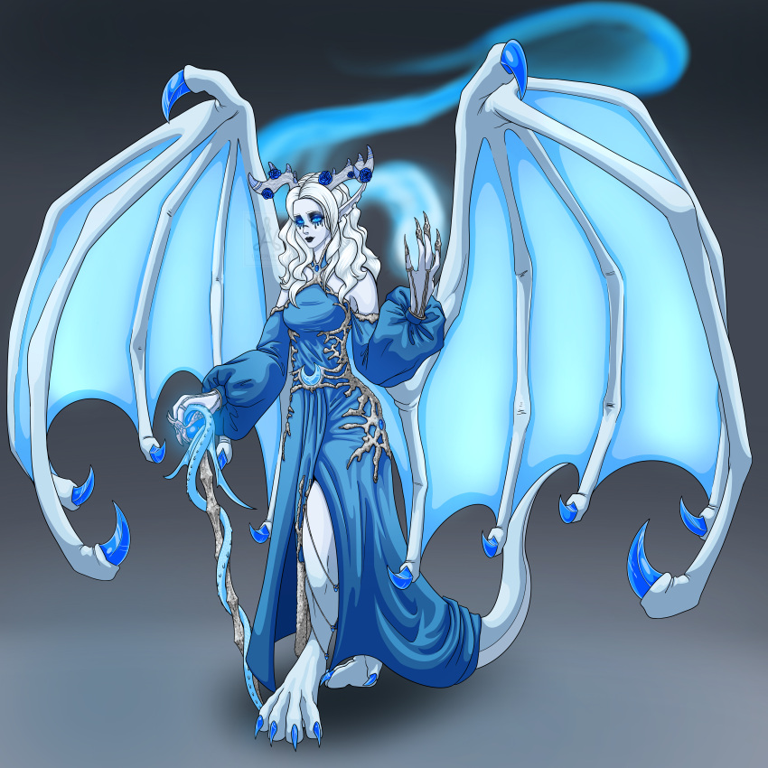 absurd_res animal_humanoid anthro blizzard_entertainment clothing digital_media_(artwork) dragon dragon_humanoid female hi_res horn huge_filesize humanoid ice laudrawin magic_user simple_background solo tail warcraft white_body