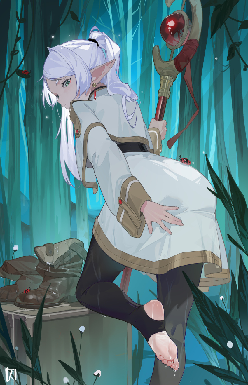 1girl absurdres boots brown_footwear bug earrings elf feet frieren green_eyes grey_hair highres holding holding_staff jewelry ladybug leggings long_hair long_sleeves looking_back mage_staff outdoors pointy_ears prisoners_book_(artist) robe soles solo sousou_no_frieren staff standing standing_on_one_leg stirrup_legwear toeless_legwear toes twintails unworn_boots wet white_hair white_robe