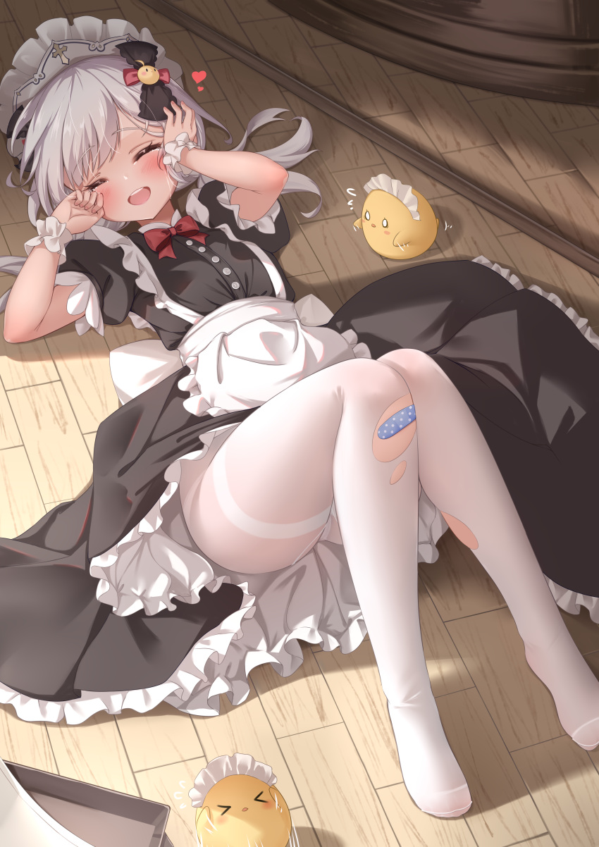 1girl absurdres alternate_costume apron azur_lane black_dress blush bow bowtie chinese_commentary closed_eyes commentary_request crying dress enmaided fallen_down flandre_(azur_lane) headdress heart highres low_twintails lying maid maid_apron manjuu_(azur_lane) medium_hair on_back open_mouth pantyhose petticoat puffy_short_sleeves puffy_sleeves qian_hen red_bow red_bowtie rubbing_eyes scraped_knee short_sleeves smile solo swept_bangs thighband_pantyhose torn_clothes torn_pantyhose twintails waist_apron white_apron white_pantyhose wooden_floor wrist_cuffs