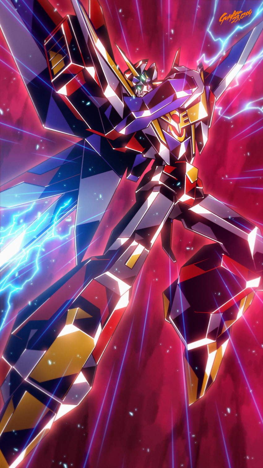 armor babamba eldran_series full_armor gattai genki_bakuhatsu_ganbaruger great_gambaruger highres holding holding_sword holding_weapon lightning mecha no_humans robot sunrise_(company) super_robot sword weapon