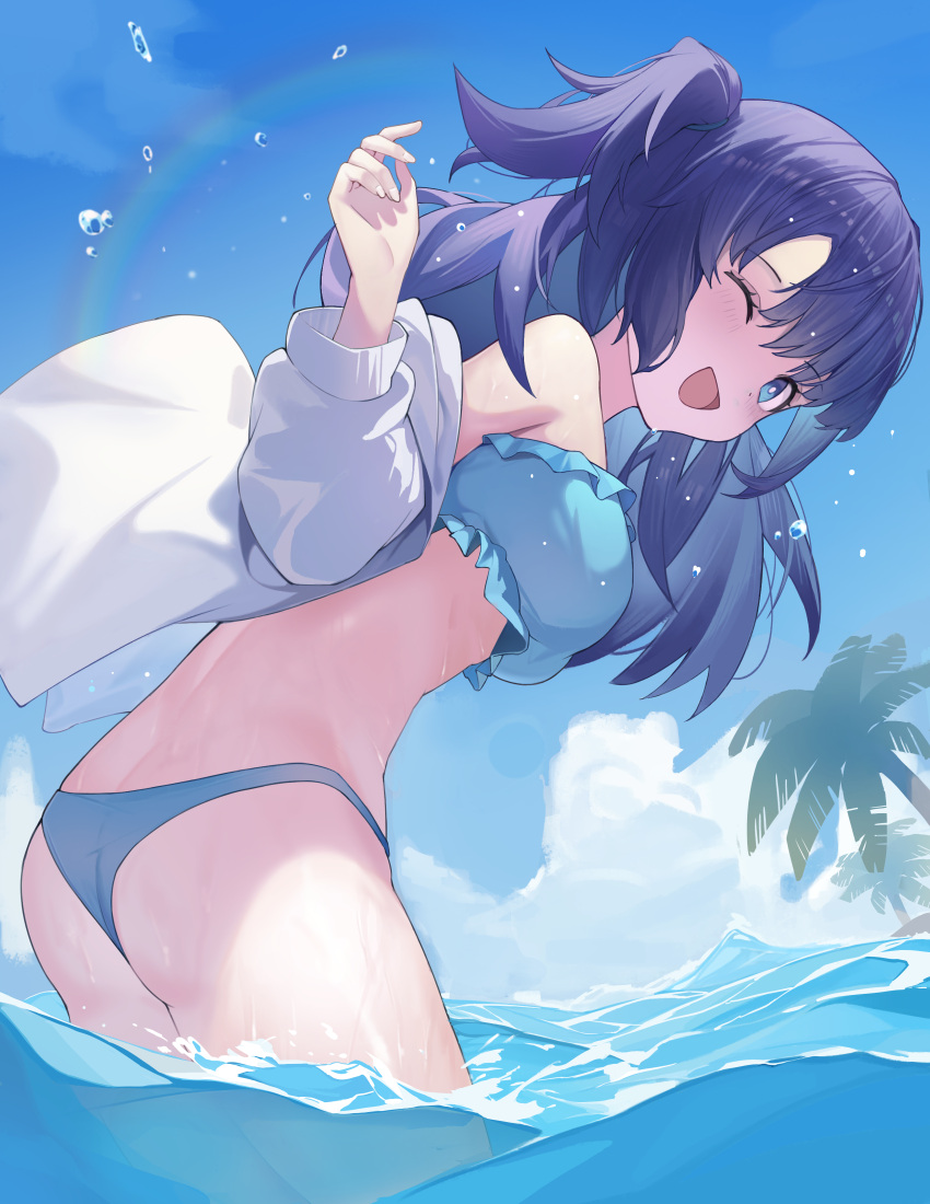 1girl absurdres alternate_costume ass bikini blue_archive blue_bikini blue_eyes blue_hair blue_sky breasts cloud commentary_request day hand_up highres hunzhudan leaning_forward long_hair looking_at_viewer looking_back medium_breasts ocean off_shoulder one_eye_closed open_mouth outdoors palm_tree partially_underwater_shot shirt sky smile solo standing swimsuit tree two_side_up wading white_shirt yuuka_(blue_archive)