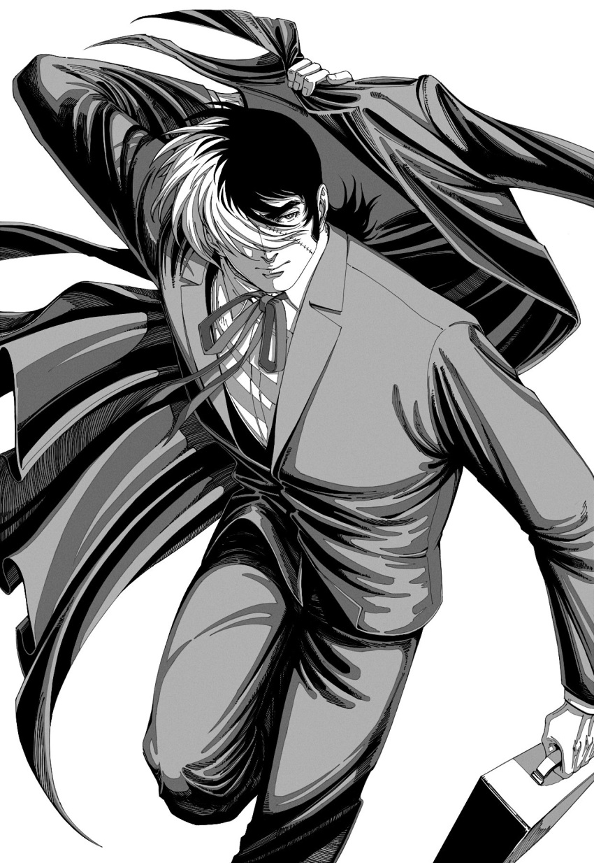 1boy black_jack_(character) black_jack_(series) briefcase closed_mouth coat greyscale hair_over_one_eye highres holding holding_briefcase holding_clothes holding_coat jacket looking_ahead male_focus monochrome multicolored_hair oldkin pants ribbon simple_background solo split-color_hair two-tone_hair