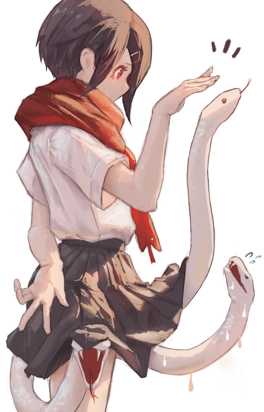 1girl absurdres arm_behind_back black_skirt brown_hair flying_sweatdrops hair_ornament hairclip hand_up highres monster_girl neg_(101neg) original profile red_eyes red_scarf scarf school_uniform shirt short_hair simple_background skirt snake solo standing sweat tongue tongue_out white_background white_shirt