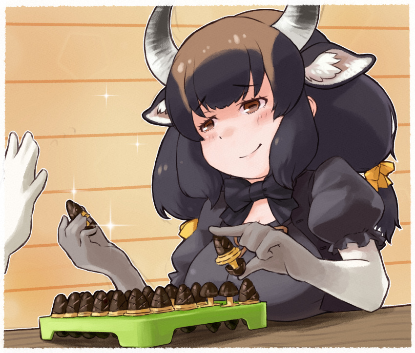 1girl absurdres animal_ears animal_print banteng_(kemono_friends) black_bow black_bowtie black_hair black_shirt blush board_game bow bowtie brown_eyes brown_hair cow_ears cow_girl cow_horns cow_print cow_tail elbow_gloves extra_ears gloves gradient_gloves hair_bow highres horns kemono_friends long_hair multicolored_hair puffy_short_sleeves puffy_sleeves shirt short_sleeves sidelocks smile smug solo tail toriny twintails two-tone_hair white_gloves yellow_bow