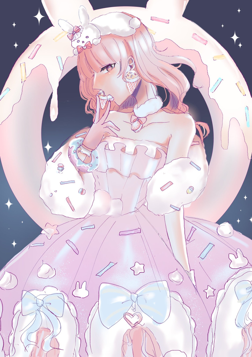 1girl demy0825 diamond_cutout doughnut food highres miracle_nikki night night_sky pink_theme sky sprinkles