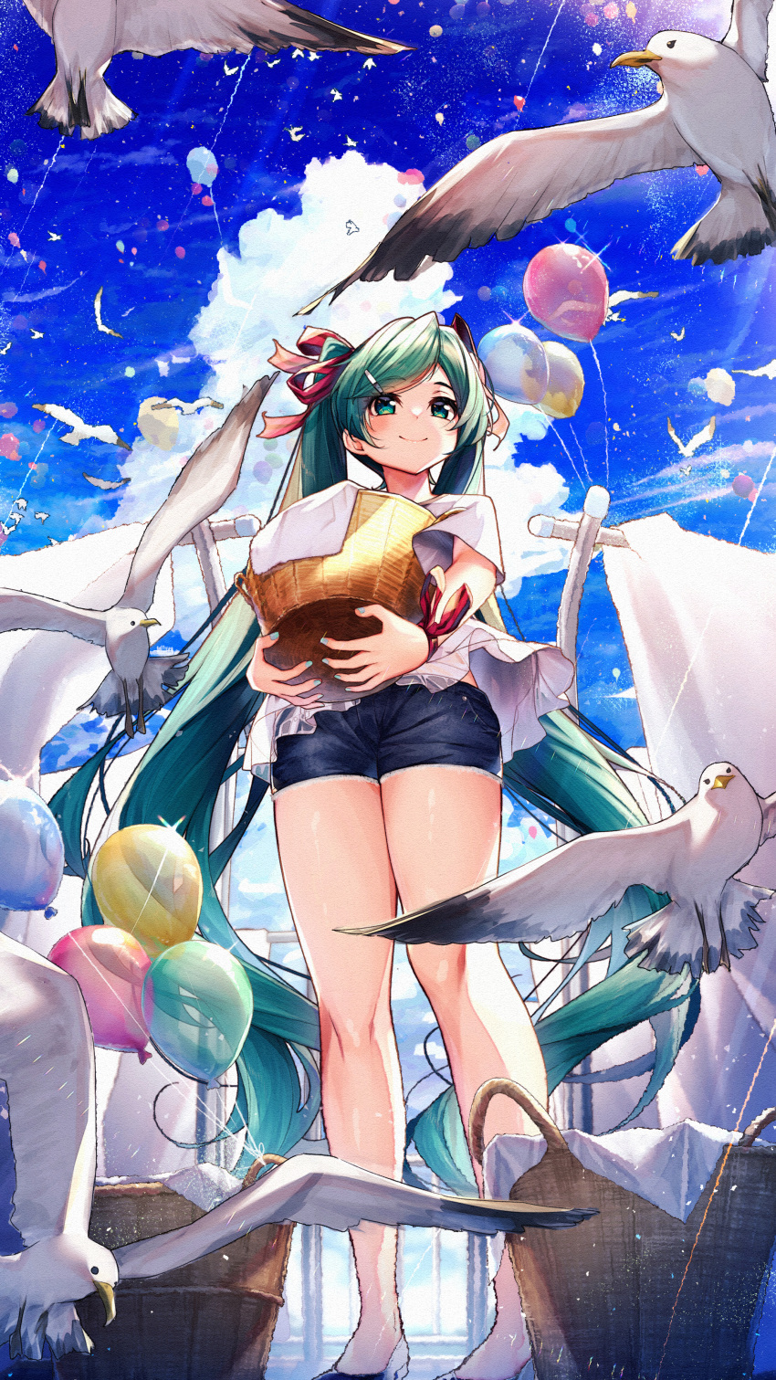 1girl absurdres alternate_costume alternate_hairstyle balloon basket bird bird_request blue_sky blush bow casual closed_mouth commentary_request day denim denim_shorts eyelashes feet_out_of_frame floating_clothes from_below green_eyes green_hair green_nails hair_ornament hair_ribbon hairclip hatsune_miku highres holding holding_basket laundry laundry_basket legs long_hair looking_up marutenmaruten nail_polish outdoors parted_bangs red_bow red_ribbon ribbon shirt short_sleeves shorts sky smile solo standing straight_hair thighs twintails very_long_hair vocaloid white_bird white_shirt wind wind_lift wrist_bow