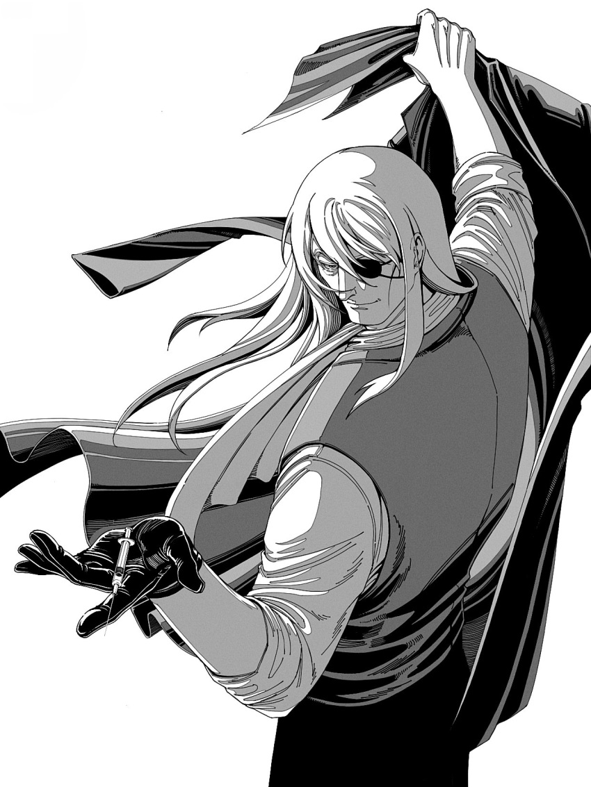 1boy arm_up ascot black_jack_(series) closed_mouth coat eyelashes eyepatch from_side gloves greyscale hair_between_eyes highres holding holding_clothes holding_coat holding_syringe kiriko_(black_jack) long_hair looking_to_the_side male_focus mature_male monochrome oldkin pants simple_background single_glove sleeves_past_elbows smile solo syringe vest white_background