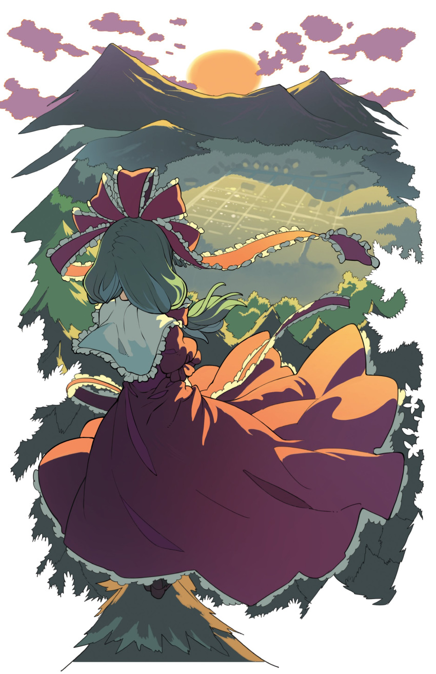 1girl absurdres back bow dress frilled_bow frilled_dress frilled_sleeves frills front_ponytail green_hair hair_bow hair_ribbon highres kagiyama_hina morino_hon nature outdoors puffy_short_sleeves puffy_sleeves red_dress red_ribbon ribbon scenery short_sleeves solo touhou tree wind wind_lift