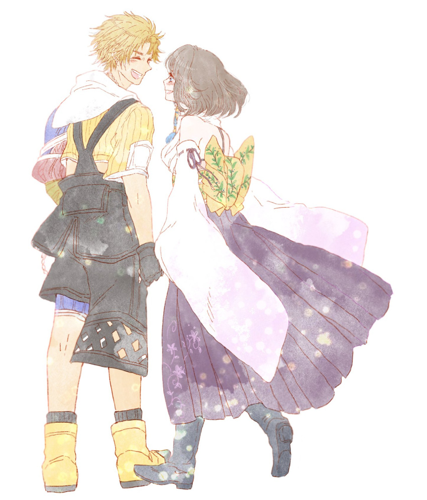 1boy 1girl arm_ribbon asymmetrical_arms asymmetrical_legwear back_bow black_footwear black_gloves black_overalls black_socks blonde_hair blue_eyes blush boots bow brown_hair closed_eyes commentary couple cropped_jacket detached_sleeves dress facing_away final_fantasy final_fantasy_x floral_print gloves happy highres holding_hands hood hood_down hooded_jacket jacket japanese_clothes long_dress long_sleeves looking_at_another looking_back midriff_peek open_mouth overalls pleated_dress purple_dress purple_ribbon ribbon sash short_hair simple_background smile socks standing tidus utai_yumi walking white_background yellow_bow yellow_footwear yellow_jacket yellow_sash yuna_(ff10)