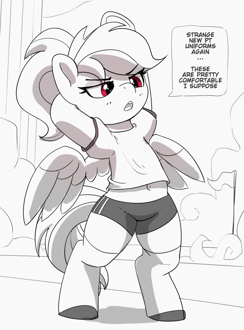 absurd_res bottomwear clothed clothing dialogue english_text equid equine eyebrow_through_hair eyebrows eyelashes female friendship_is_magic hair hasbro hi_res hooves hotpants legwear mammal midriff my_little_pony navel open_mouth pabbley pegasus ponytail purple_eyes rainbow_dash_(mlp) semi-anthro shirt shorts solo speech_bubble spot_color stockings t-shirt text thigh_highs topwear translucent translucent_hair wings