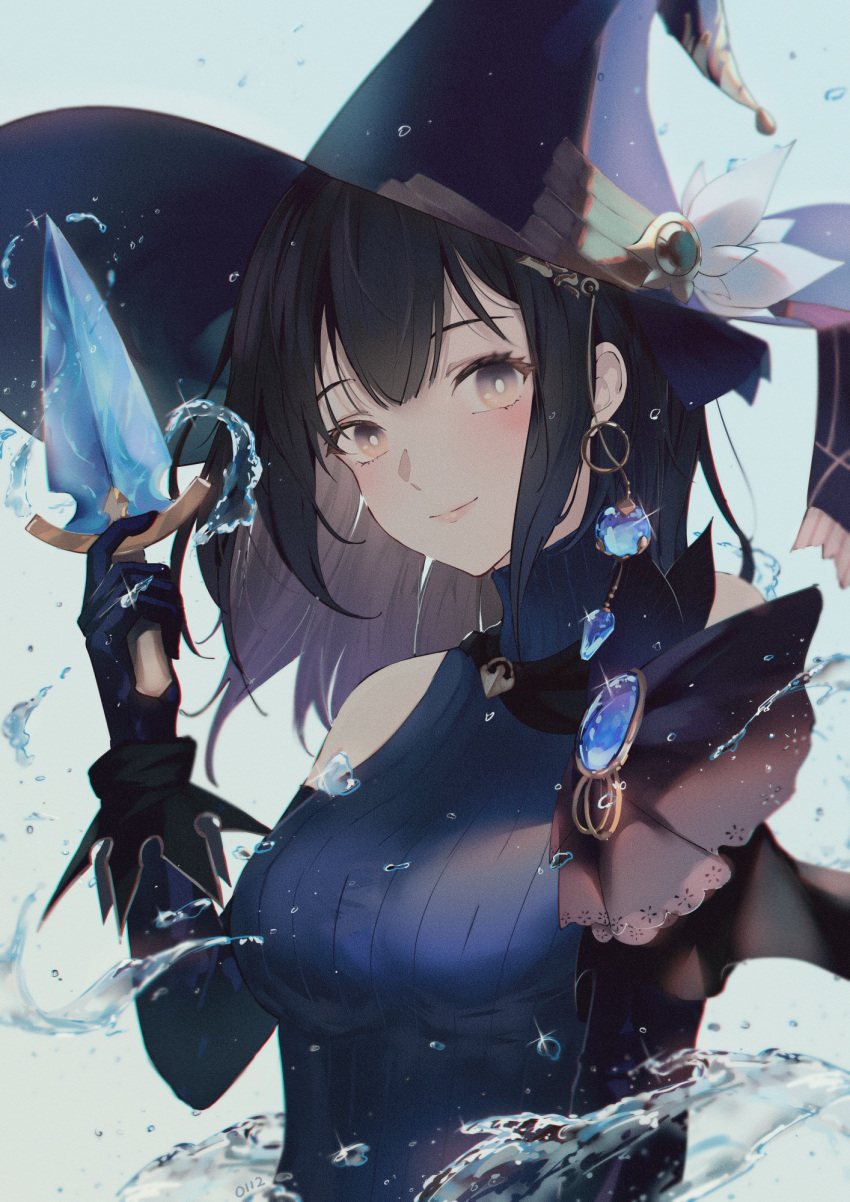 1girl bare_shoulders black_hair breasts brown_dust_2 dagger earrings hat highres holding holding_dagger holding_knife holding_weapon jewelry knife looking_at_viewer scheherazade_(brown_dust) splashing suketto_0112 weapon witch witch_hat