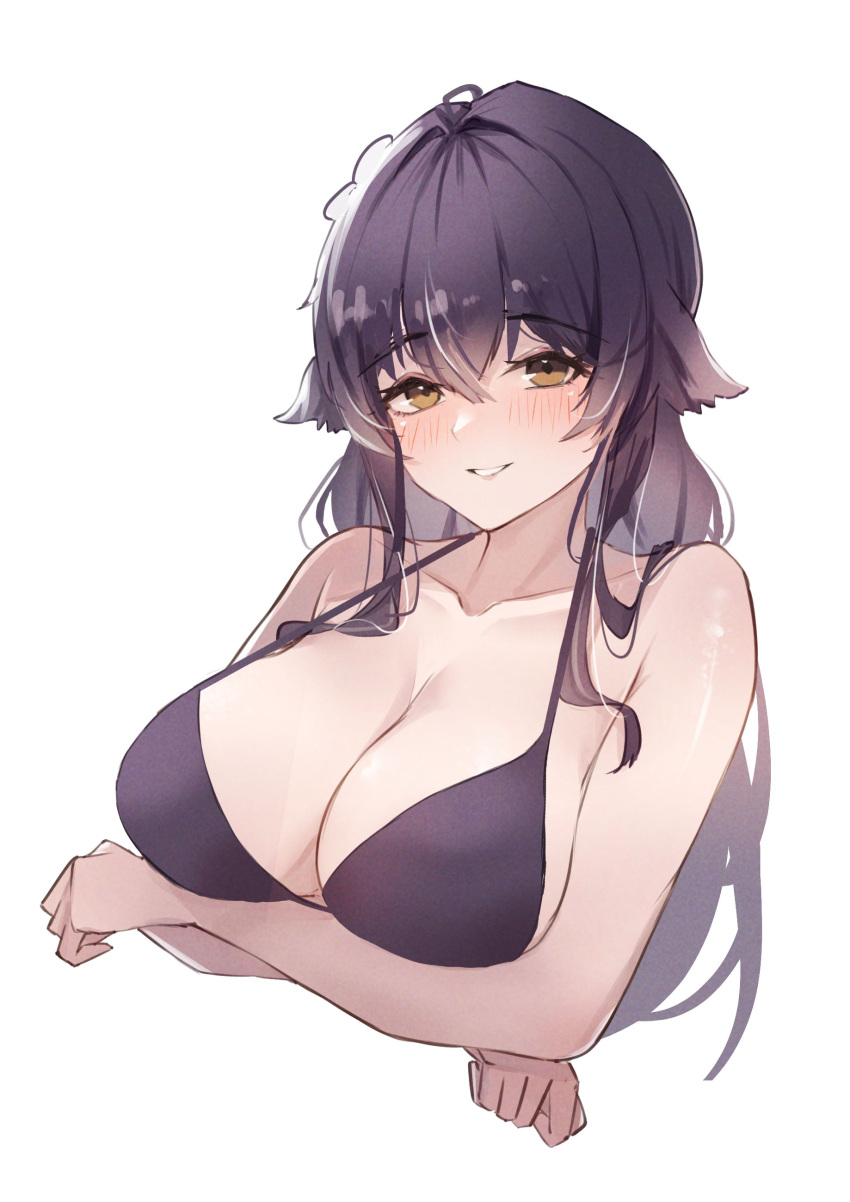 1girl absurdres arms_under_breasts azuma_(azur_lane) azur_lane bikini black_bikini black_hair blonde_hair blush breasts cleavage cropped_torso floppy_ears hair_between_eyes halterneck highres large_breasts long_hair looking_at_viewer parted_lips sea_nami simple_background smile solo swimsuit upper_body white_background