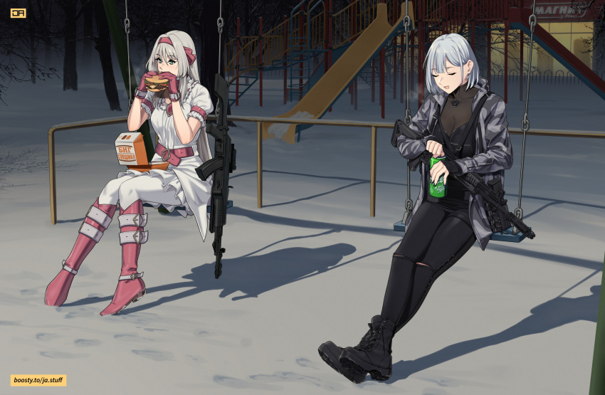 2girls absurdres ak-12 ak-12_(faint_light_of_furthest_day)_(girls'_frontline) ak-12_(girls'_frontline) alternate_costume an-94 an-94_(girls'_frontline) aqua_eyes assault_rifle bare_tree black_footwear black_nails black_pants boots breasts burger camouflage camouflage_jacket can cleavage commission crossed_legs dress eating english_commentary food girls'_frontline gloves grey_hair gun hairband highres holding holding_food j_adsen jacket kalashnikov_rifle mixed-language_commentary multiple_girls official_alternate_costume open_clothes open_jacket open_mouth pants pantyhose pink_footwear pink_gloves pink_hairband playground rifle russian_commentary russian_text shop sitting snow soda_can swing thigh_boots tree weapon white_dress white_pantyhose winter