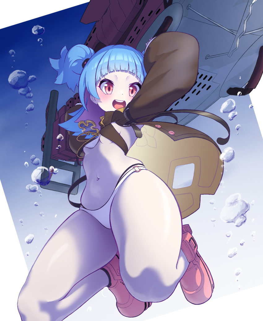 1girl air_bubble arms_up azur_lane bikini blue_hair blunt_bangs blush breasts brown_jacket bubble coariouse colored_inner_hair cross full_body highres iron_cross jacket long_sleeves looking_at_viewer medium_hair multicolored_hair navel o-ring o-ring_bottom open_mouth pink_footwear purple_hair red_eyes revealing_clothes rigging small_breasts smile solo stomach swimsuit two_side_up u-556_(azur_lane) underboob white_bikini