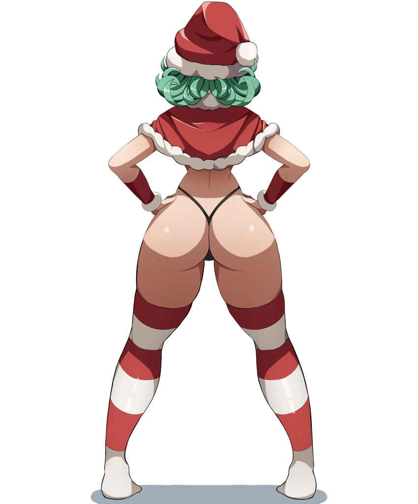 1girl absurdres arm_warmers ass bikini black_panties christmas cloak commentary curly_hair facing_away from_behind full_body fur_trim green_hair hands_on_own_hips hat highleg highleg_panties highres huge_ass kneepits lixiart medium_hair one-punch_man panties santa_hat simple_background solo striped striped_thighhighs swimsuit tatsumaki thighhighs thong underwear white_background wide_hips