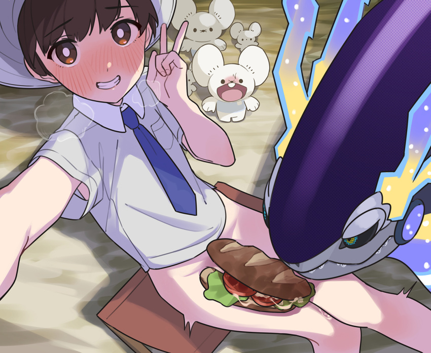 blue_necktie blush bottomless brown_eyes brown_hair covered_penis florian_(pokemon) food_on_body food_on_penis heavy_breathing highres looking_at_viewer maushold maushold_(family_of_four) miraidon mubo necktie on_ground open_mouth penis pokemon pokemon_(creature) pokemon_sv sandwiched selfie shirt short_sleeves smile v white_shirt