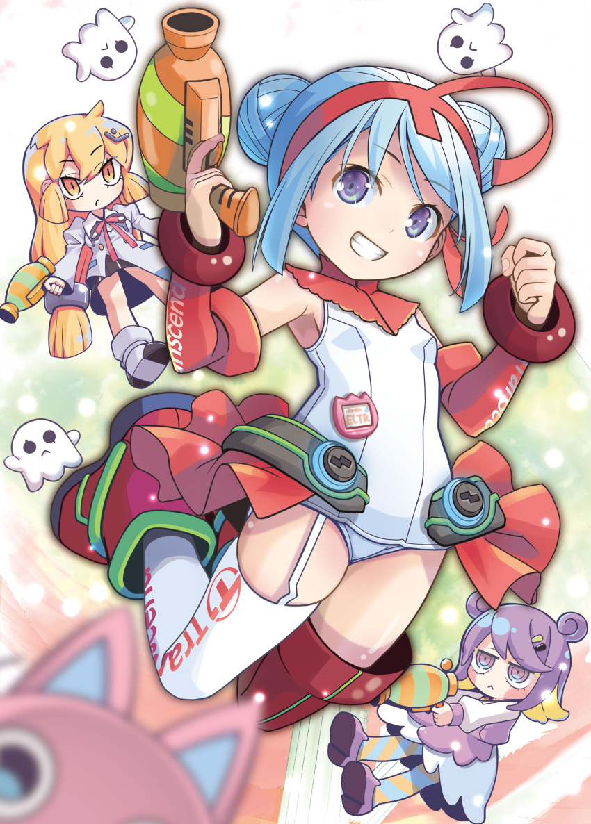 1boy 3girls absurdres animal_ears antenna_hair blue_eyes blue_hair blurry blurry_background boots cat_ears chibi double_bun elbow_gloves ghost gloves goonya_monster goonyan_(goonya_monster) grey_jacket gun hair_bun hair_ornament hairband hairclip handgun highres holding holding_weapon jacket multiple_girls official_art one-piece_swimsuit orange_eyes orange_hair panties pirarucu_(goonya_monster) pop_(electromagneticwave) promotional_art purple_eyes purple_hair red_ribbon ribbon skirt smile snail_(goonya_monster) socks striped striped_thighhighs swimsuit thighhighs transcend-chan transcend_information underwear weapon white_socks white_swimsuit