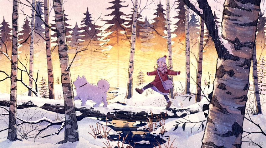 1girl bag birch_tree boots coat commentary_request dog forest full_body hat hinata_(echoloveloli) nature original outdoors red_coat scarf shoulder_bag smile snow solo stream tree winter winter_clothes