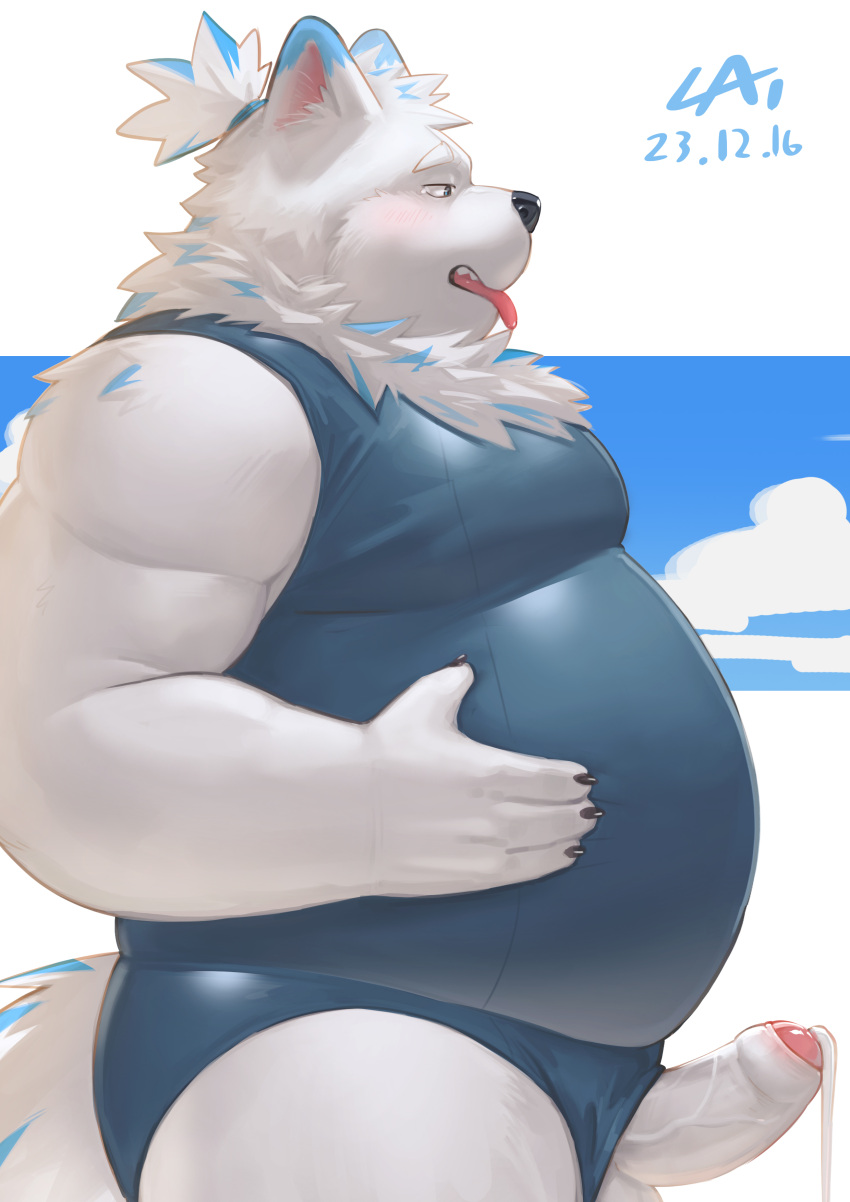 absurd_res anthro balls belly blush bodily_fluids cai1448331577 canid canine canis clothing cum domestic_dog erection foreskin fur genital_fluids genitals hi_res lifewonders live_a_hero male mammal moobs nordic_sled_dog orgasm overweight penis samoyed school_swimsuit solo spitz swimwear vein veiny_penis white_body white_fur yohack