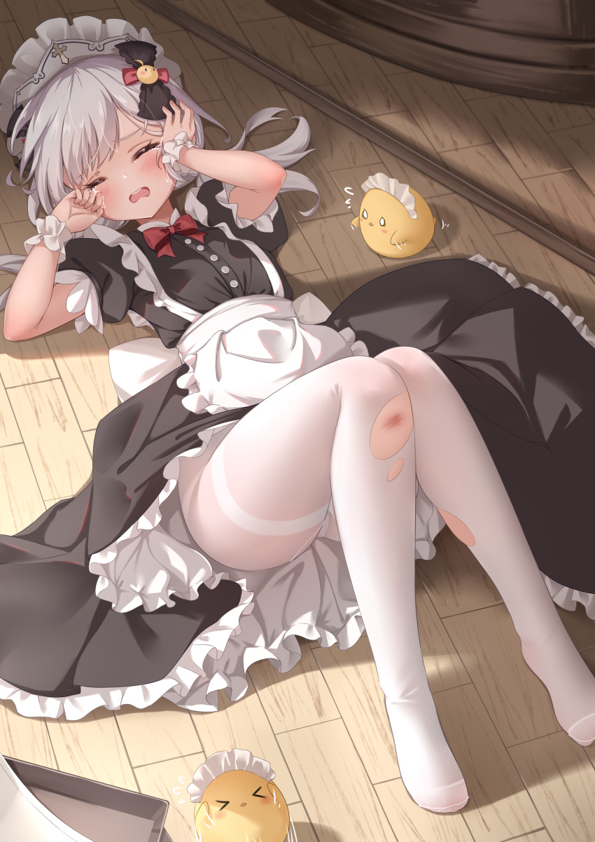 1girl absurdres alternate_costume apron azur_lane black_dress blush bow bowtie chinese_commentary commentary_request crying dress enmaided fallen_down flandre_(azur_lane) headdress highres low_twintails lying maid maid_apron manjuu_(azur_lane) medium_hair on_back pantyhose petticoat puffy_short_sleeves puffy_sleeves qian_hen red_bow red_bowtie rubbing_eyes scraped_knee short_sleeves solo swept_bangs thighband_pantyhose torn_clothes torn_pantyhose twintails waist_apron white_apron white_pantyhose wooden_floor wrist_cuffs