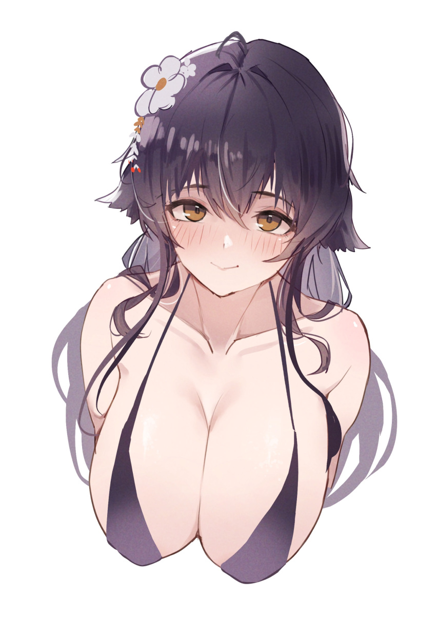 1girl absurdres azuma_(azur_lane) azur_lane bikini black_bikini black_hair blush breasts cleavage closed_mouth cropped_torso floppy_ears flower hair_between_eyes hair_flower hair_ornament highres huge_breasts long_hair looking_at_viewer sea_nami simple_background smile solo swimsuit upper_body white_background