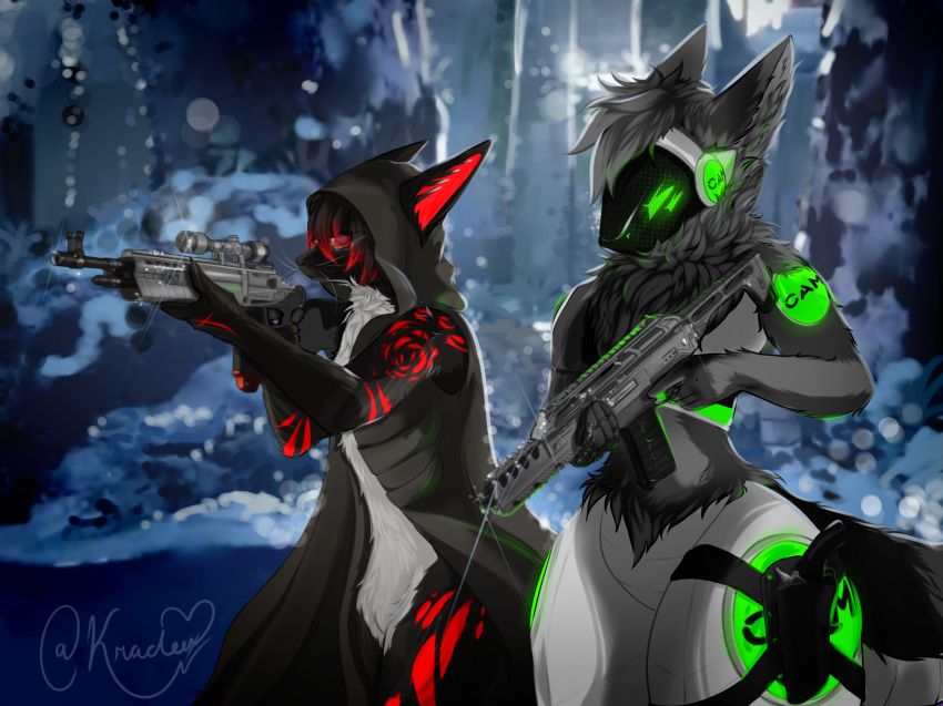 anthro black_body black_fur calvin_james cam canid canine clothing coat dual_eyes duo fox fur green_eyes grey_body grey_fur gun hi_res kradee machine male male/male mammal military multi_eye protogen ranged_weapon red_body red_fur snow topwear trenchcoat weapon yuri_chacal