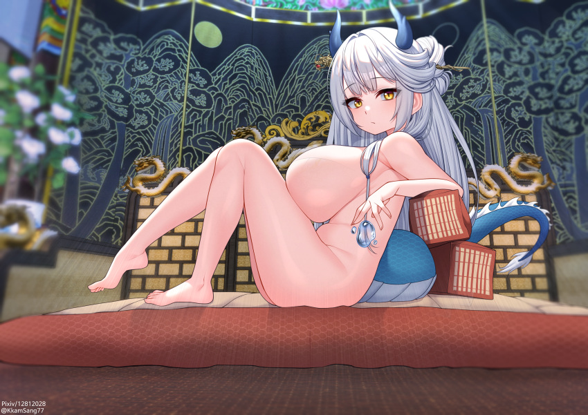 1girl absurdres barefoot breasts closed_mouth commission completely_nude dragon_girl dragon_tail from_side full_body hair_bun hair_ornament hair_over_shoulder hairpin highres horns indoors kkam-sang large_breasts leaning_back long_hair looking_at_viewer nude oppai_loli original sideboob sitting solo tail thighs white_hair yellow_eyes