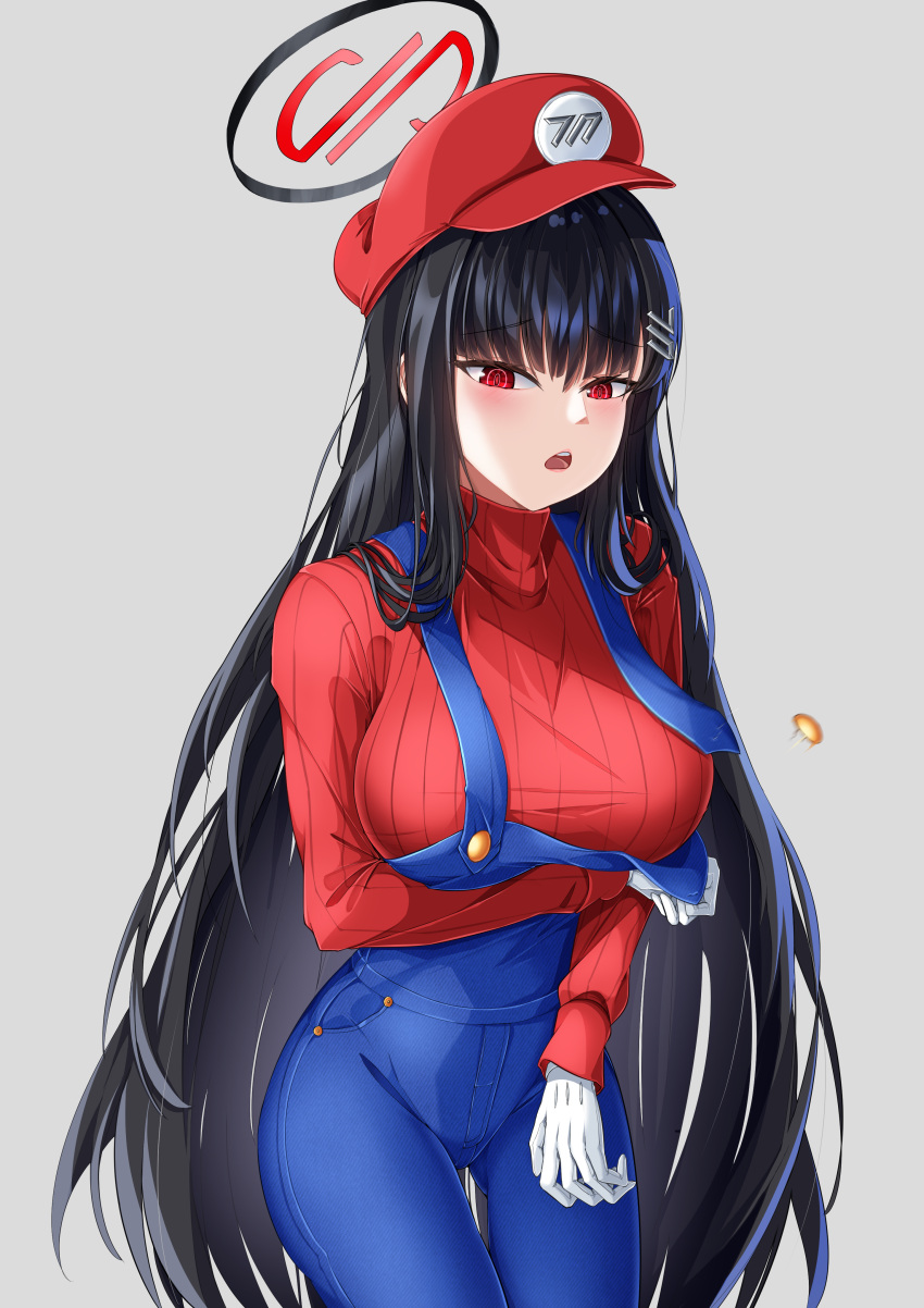 1girl absurdres alternate_costume black_hair blue_archive blue_overalls blunt_bangs cabbie_hat commentary_request cosplay gloves grey_background hair_ornament hairband hairclip halo hat highres kipdrew long_hair long_sleeves looking_at_viewer mario mario_(cosplay) mario_(series) multiple_girls overalls peaked_cap pun red_eyes ribbed_sweater rio_(blue_archive) sidelocks simple_background solo spoken_character suspenders sweater white_gloves