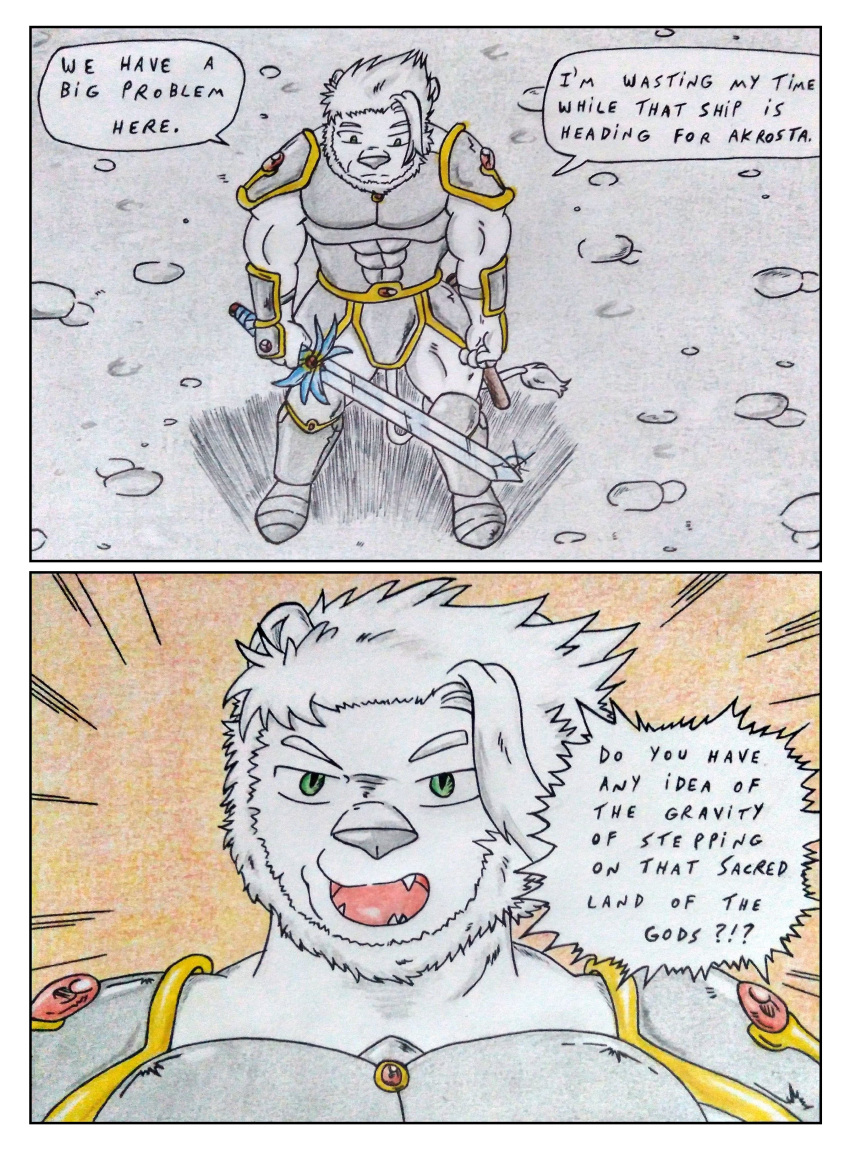 absurd_res albino angry anthro arm_pads armor armored_boots barazoku biceps boots characther:albino_seaborn clothing comic comic_panel dashthefox dialogue english_text fantasy felid fingers footwear fur gem green_eyes grey_nose hair hi_res high-angle_view holding_object holding_sword holding_weapon lion looking_at_viewer male mammal manly medieval medieval_armor medieval_fantasy melee_weapon muscular muscular_anthro muscular_arms muscular_legs muscular_male open_mouth orange_background paladin pantherine sharp_teeth shoulder_pads simple_background speech_bubble sword tail teeth text traditional_media_(artwork) weapon white_body white_fur white_hair