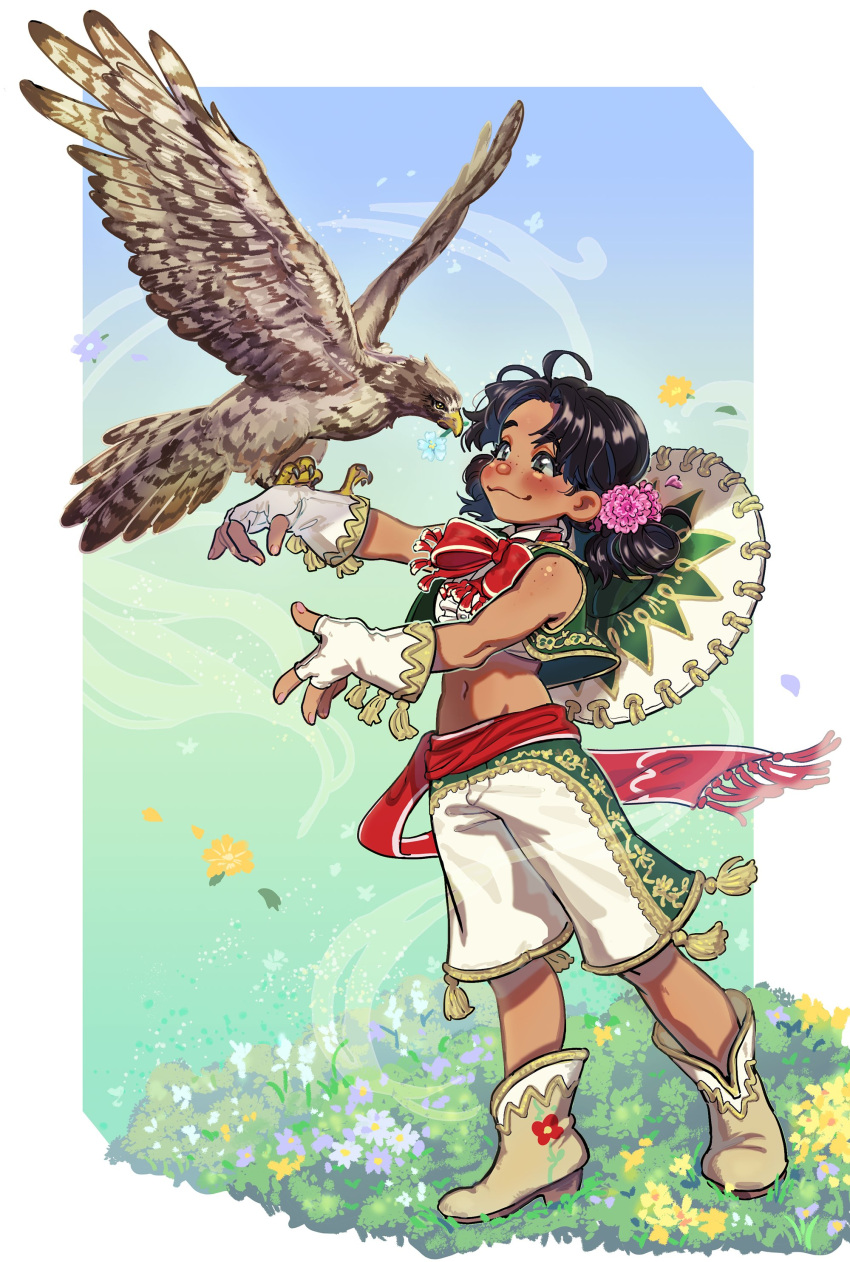 1girl absurdres bird black_hair blush boots crop_top dark-skinned_female dark_skin fingerless_gloves flower gloves grass hair_flower hair_ornament hat hat_on_back hawk highres lily_hawk low_twintails mexican_clothes official_alternate_costume official_alternate_hairstyle official_art sash second-party_source smile sombrero street_fighter street_fighter_6 takayuki_nakayama twintails vest
