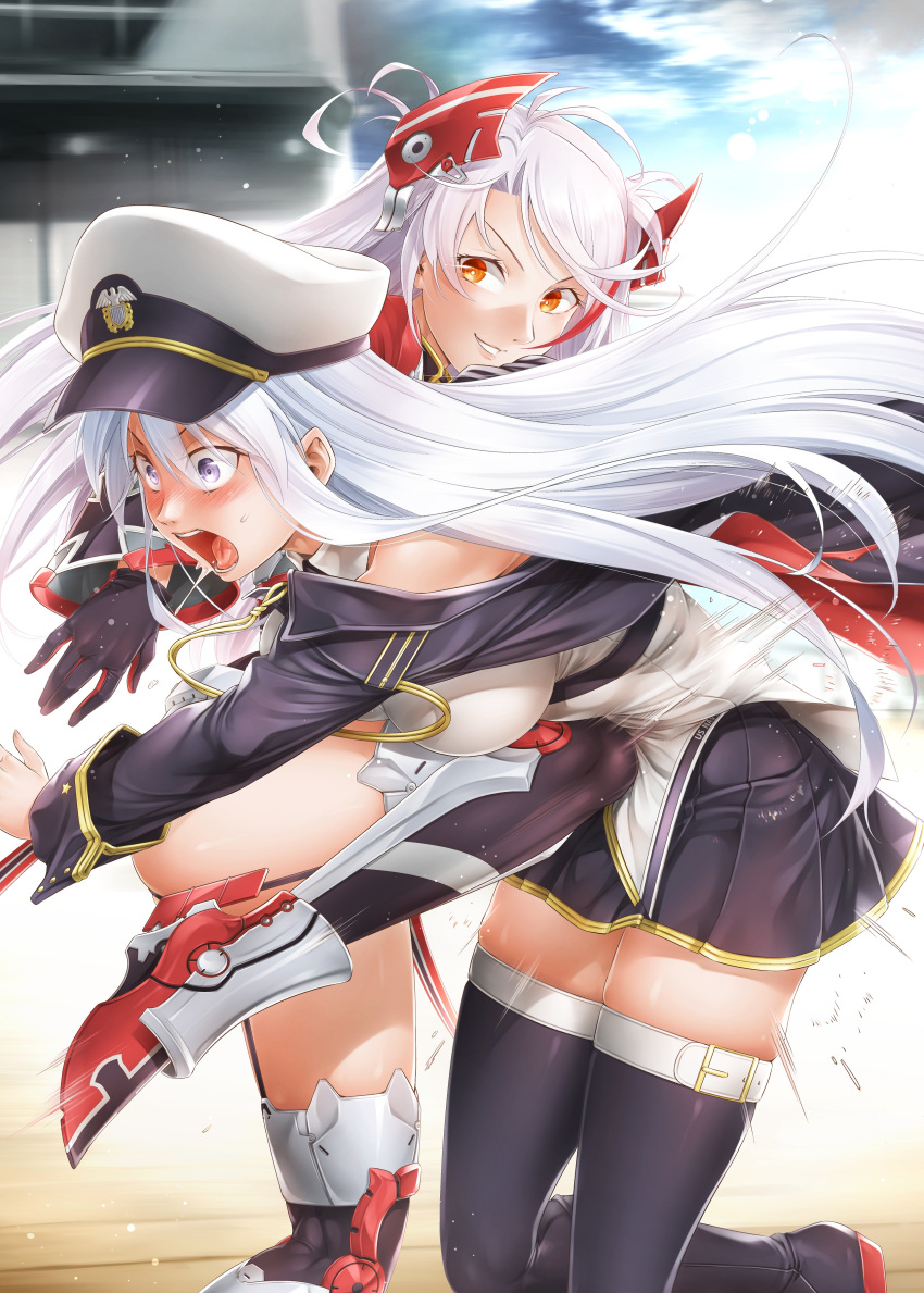 2girls absurdres antenna_hair azur_lane black_coat black_gloves black_necktie black_skirt catfight coat enterprise_(azur_lane) fighting gloves hat headgear highres kineluchs kneeing long_hair looking_at_another military_hat multicolored_hair multiple_girls necktie open_clothes open_coat open_mouth peaked_cap pleated_skirt prinz_eugen_(azur_lane) purple_eyes red_hair ryona shirt skirt sleeveless sleeveless_shirt smile standing standing_on_one_leg stomach_kick thighhighs two_side_up white_hair white_headwear