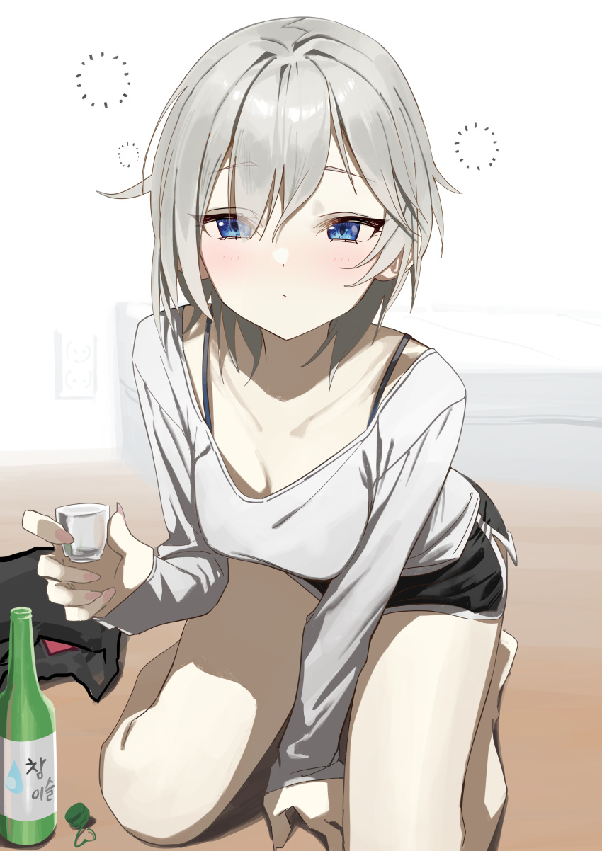 1girl absurdres anastasia_(idolmaster) between_legs black_headwear black_shorts black_straps blue_eyes bottle breasts choko_(cup) cleavage closed_mouth collarbone cup dolphin_shorts dot_nose double-parted_bangs drunk grey_hair grey_shirt hair_between_eyes hair_intakes hand_between_legs hand_up highres holding holding_cup idolmaster idolmaster_cinderella_girls kneeling leaning_forward light_blush long_sleeves looking_at_viewer medium_breasts sake_bottle shirt short_hair short_shorts shorts sketch_background solo syhan thighs unworn_headwear