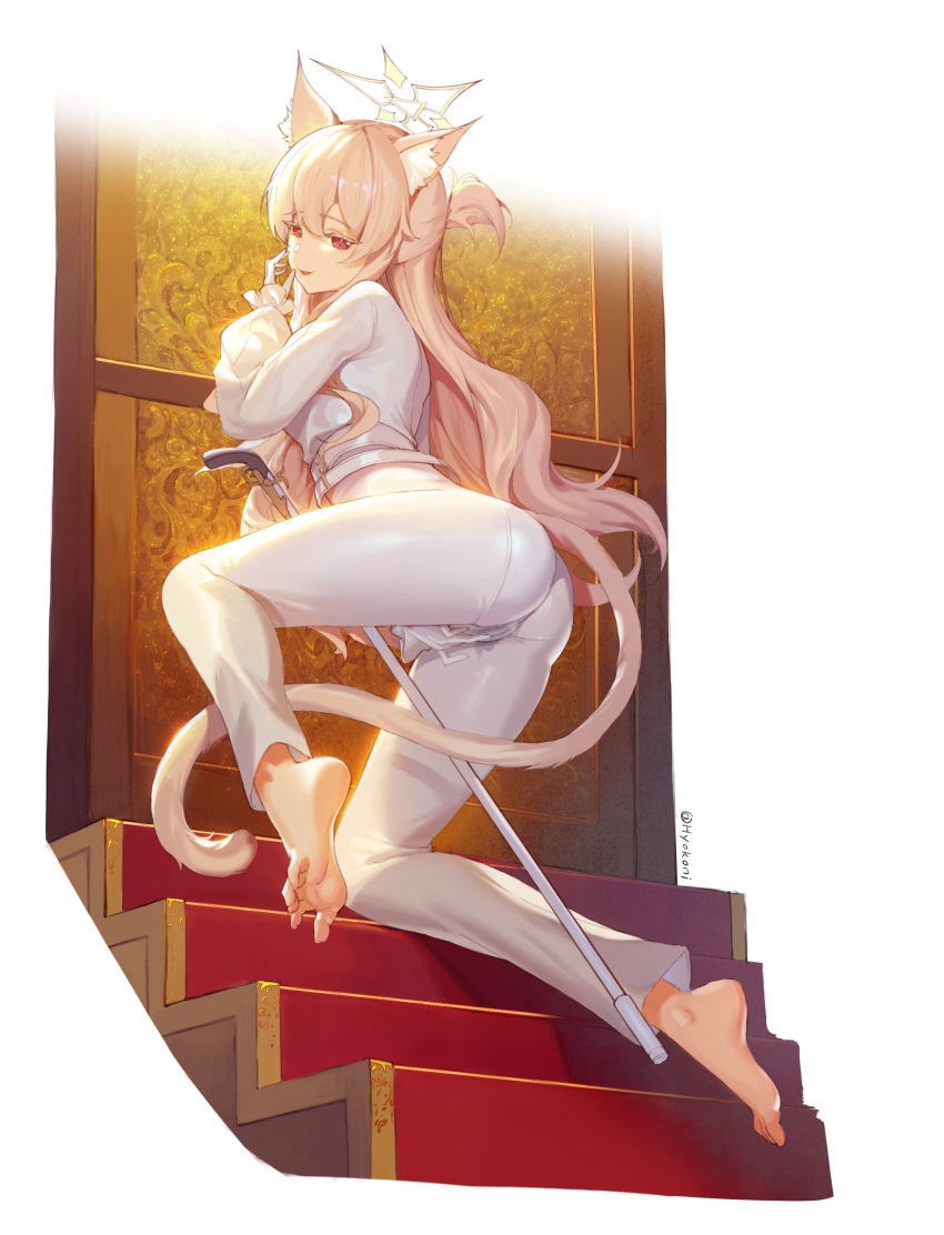 1girl absurdres akira_(blue_archive) animal_ears ass barefoot blue_archive cane cane_gun cat_ears cat_girl cat_tail clothed_masturbation feet female_masturbation gloves halo highres lcy_bingzi long_hair looking_at_viewer masturbation on_one_knee pants pussy_juice pussy_juice_drip_through_clothes red_eyes solo stairs tail tongue twitter_username very_long_hair white_gloves white_pants