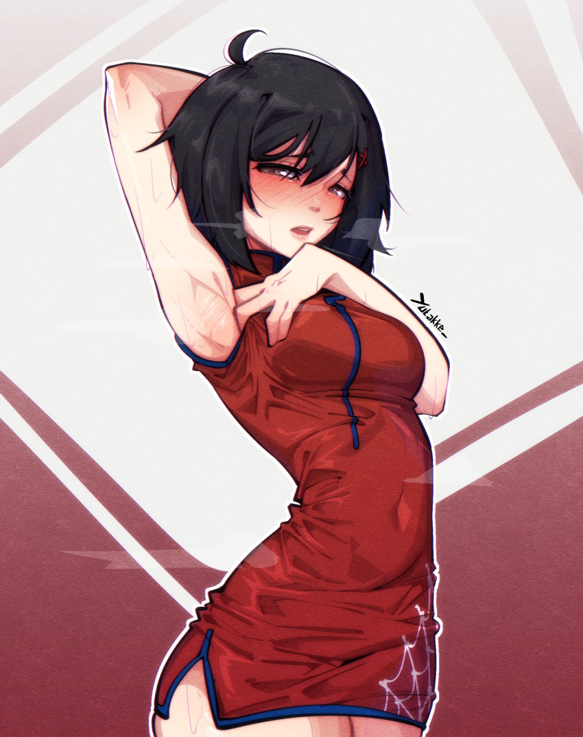 1girl adjusting_clothes ahoge alternate_costume arm_across_chest armpits arms_behind_head artist_name black_hair blush breasts breath brown_eyes china_dress chinese_clothes covered_navel cowboy_shot dress from_side gradient_background hair_between_eyes hair_ornament heavy_breathing highres looking_at_viewer looking_to_the_side loose_hair_strand mandarin_collar marvel medium_breasts narrow_waist narrowed_eyes nose_blush parted_lips peni_parker pink_lips raised_eyebrows red_background red_dress short_dress short_hair side_slit signature skin_tight sleeveless sleeveless_dress solo spider-man:_across_the_spider-verse spider-man_(series) spider-verse spider_web_print standing steaming_body sweat teeth upper_teeth_only white_background x_hair_ornament yutakke