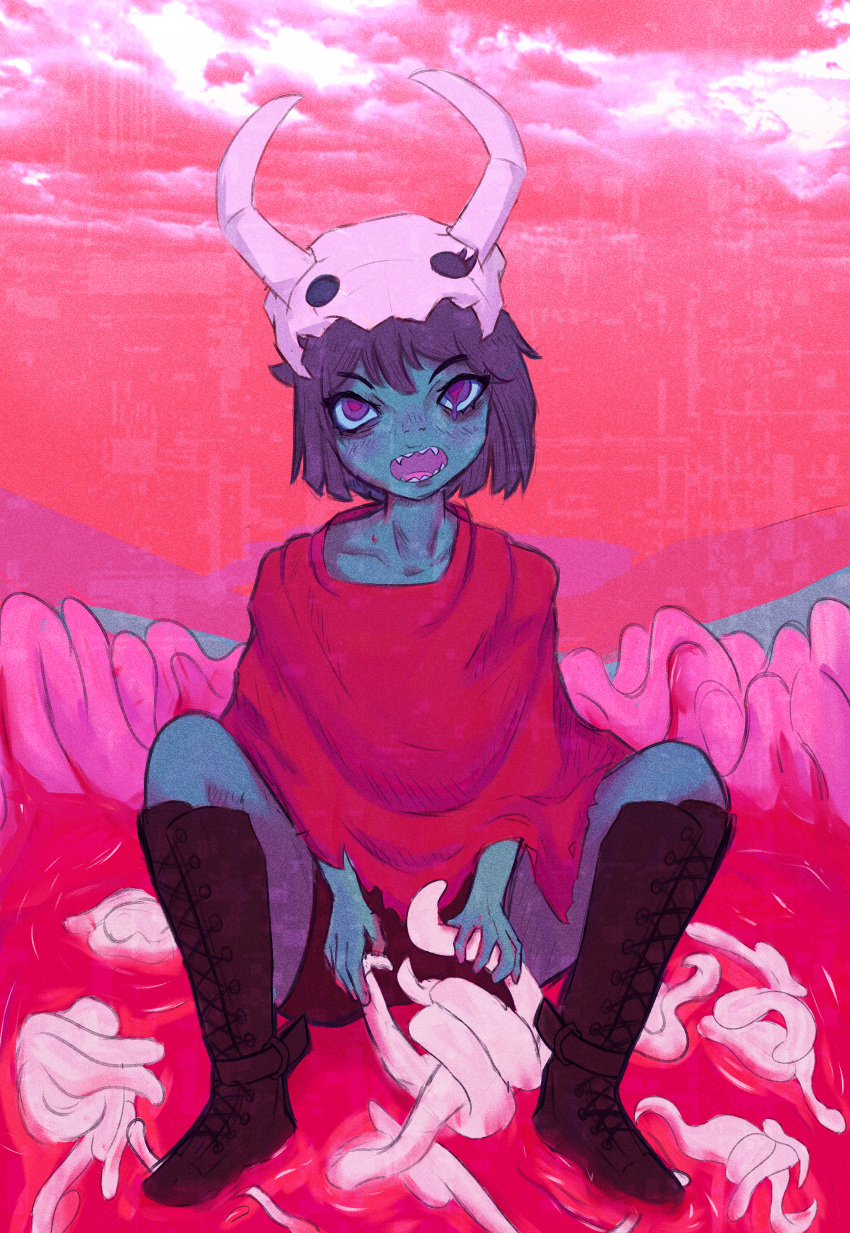 1girl absurdres black_footwear black_shorts blood blue_hair blue_skin boots colored_skin fake_horns fangs full_body highres horned_headwear horns hylics jellyfrog2812 open_mouth pink_clouds poncho purple_eyes red_sky sharp_teeth shorts skull_on_head sky solo somsnosa teeth