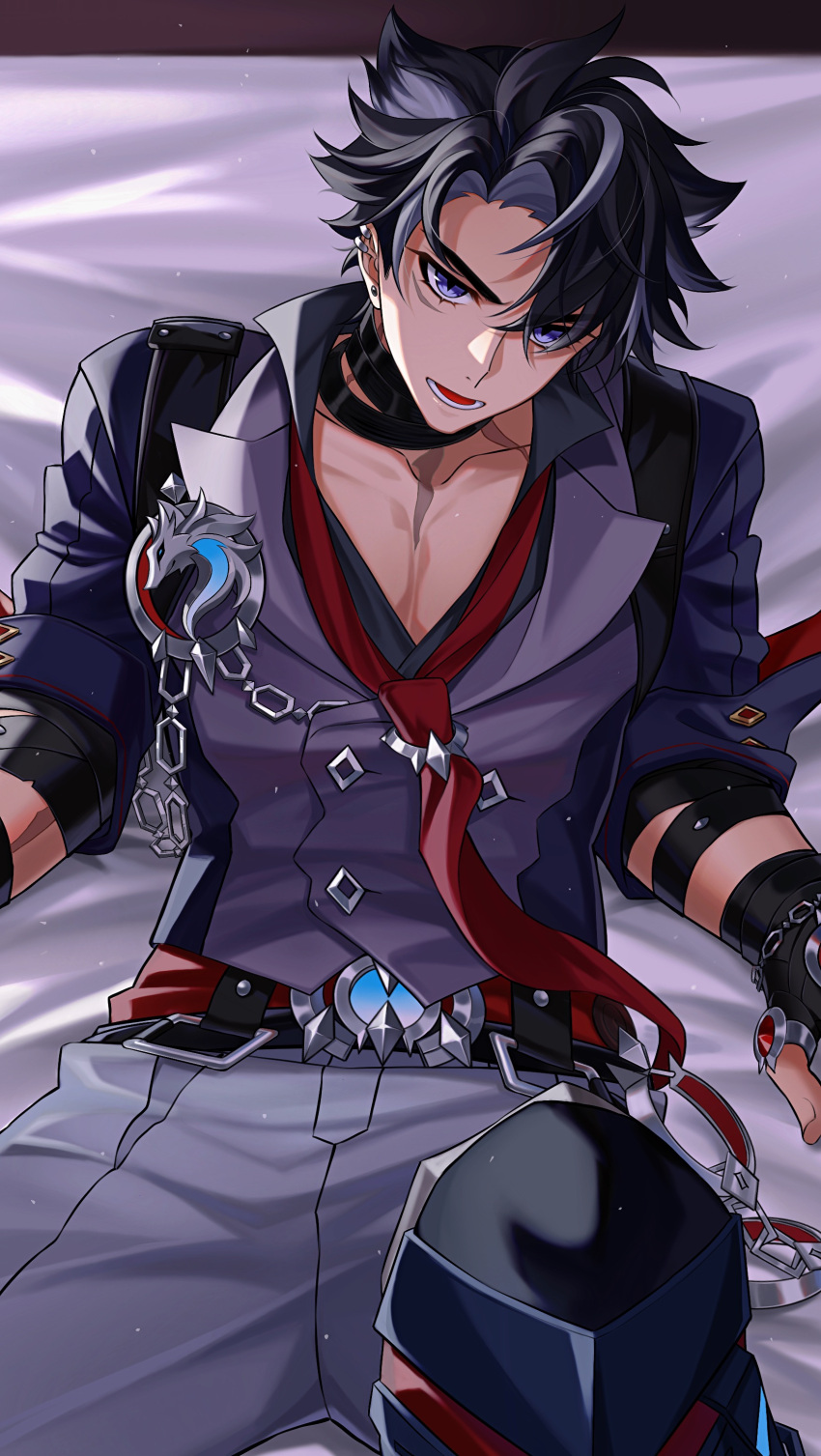1boy abs absurdres black_hair earrings genshin_impact gloves grey_hair grey_pants hair_between_eyes highres jewelry koushuiba looking_at_viewer male_focus multicolored_hair muscular muscular_male necktie open_clothes open_mouth open_shirt pants purple_eyes red_necktie scar shirt short_hair solo streaked_hair wriothesley_(genshin_impact)