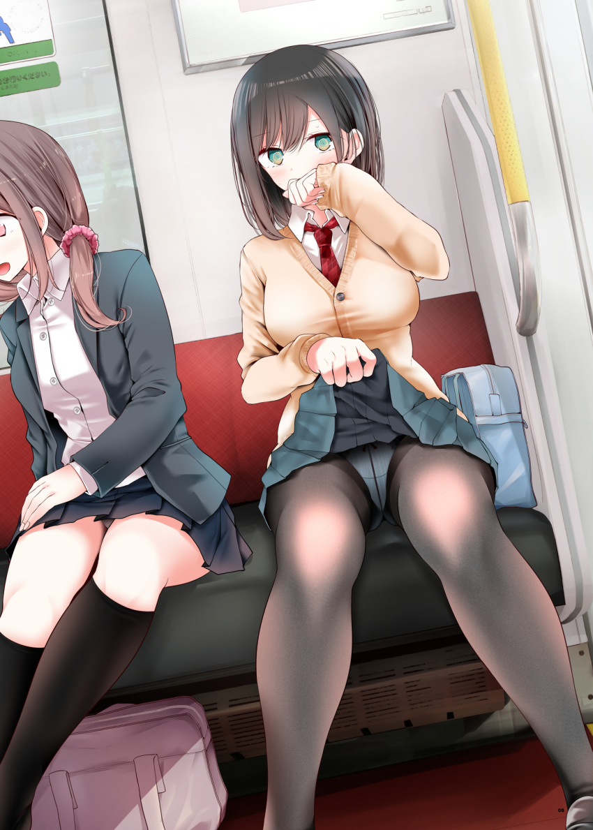 2girls bag black_hair black_skirt blazer blue_pants blue_skirt brown_hair brown_pantyhose cardigan collared_shirt commentary_request green_eyes green_jacket hair_ornament hair_scrunchie highres jacket jk-chan_(oouso) lifted_by_self long_hair long_sleeves multiple_girls necktie oouso open_clothes open_jacket original panties pants pantyhose pink_scrunchie red_necktie school_bag school_uniform scrunchie shirt sitting skirt underwear white_shirt yellow_cardigan