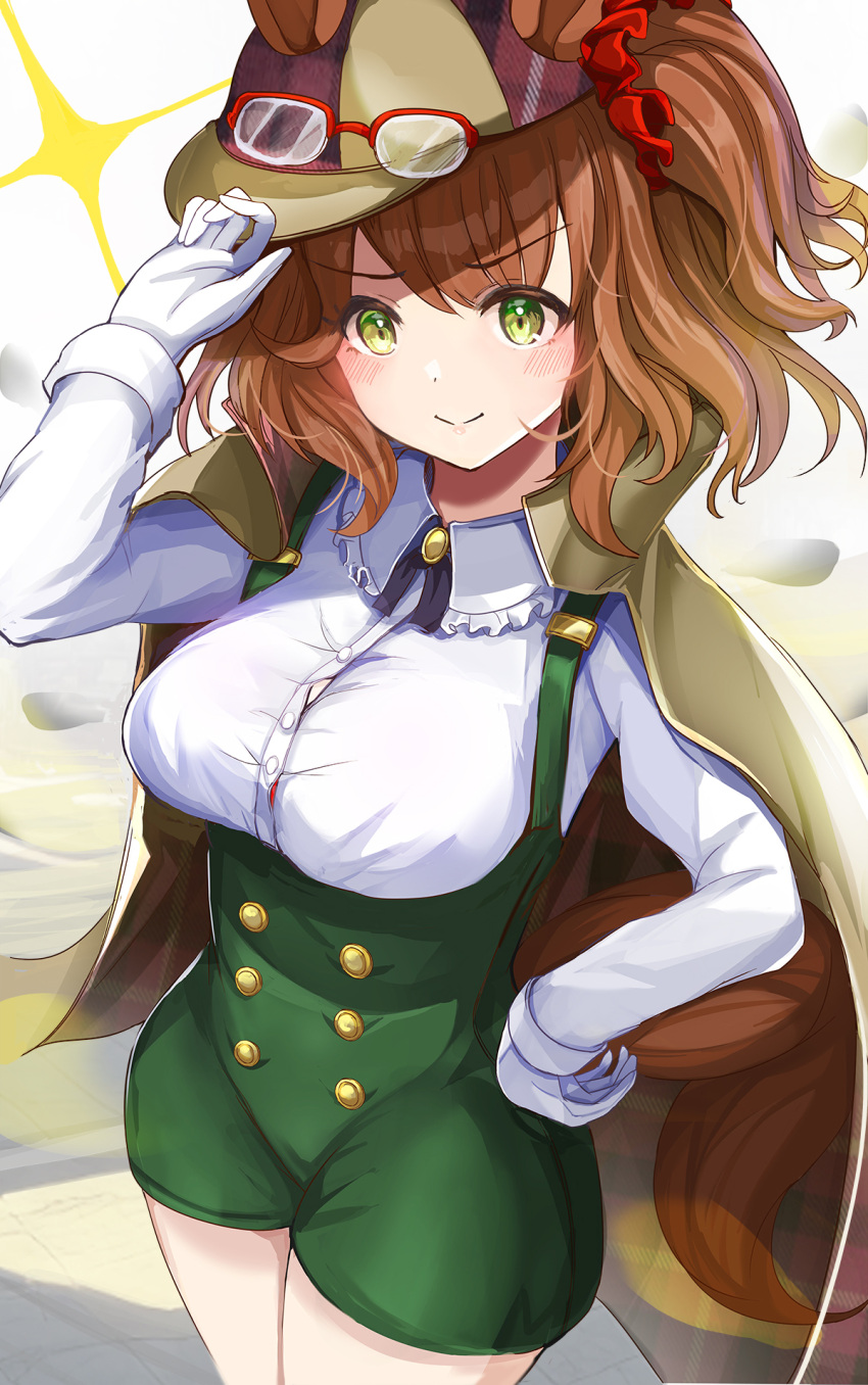 1girl animal_ears aston_machan_(umamusume) blush bra_slip breasts brown_coat brown_hair brown_headwear coat coat_on_shoulders ear_scrunchie ears_through_headwear from_above gloves green_eyes hanamura_pink highres horse_ears horse_girl large_breasts long_sleeves medium_hair red_scrunchie scrunchie shirt smile solo umamusume white_gloves white_shirt