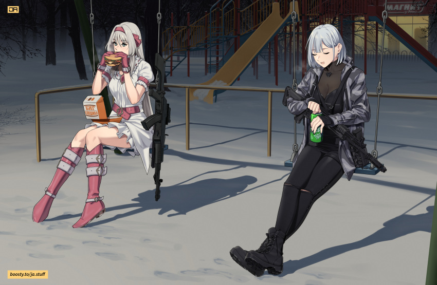 2girls absurdres ak-12 ak-12_(faint_light_of_furthest_day)_(girls'_frontline) ak-12_(girls'_frontline) alternate_costume an-94 an-94_(girls'_frontline) aqua_eyes assault_rifle bare_tree black_footwear black_nails black_pants boots breasts burger camouflage camouflage_jacket can cleavage commission crossed_legs dress eating english_commentary food girls'_frontline gloves grey_hair gun hairband highres holding holding_food j_adsen jacket kalashnikov_rifle mixed-language_commentary multiple_girls official_alternate_costume open_clothes open_jacket open_mouth pants pink_footwear pink_gloves pink_hairband playground rifle russian_commentary russian_text shop sitting snow soda_can swing thigh_boots tree weapon white_dress winter