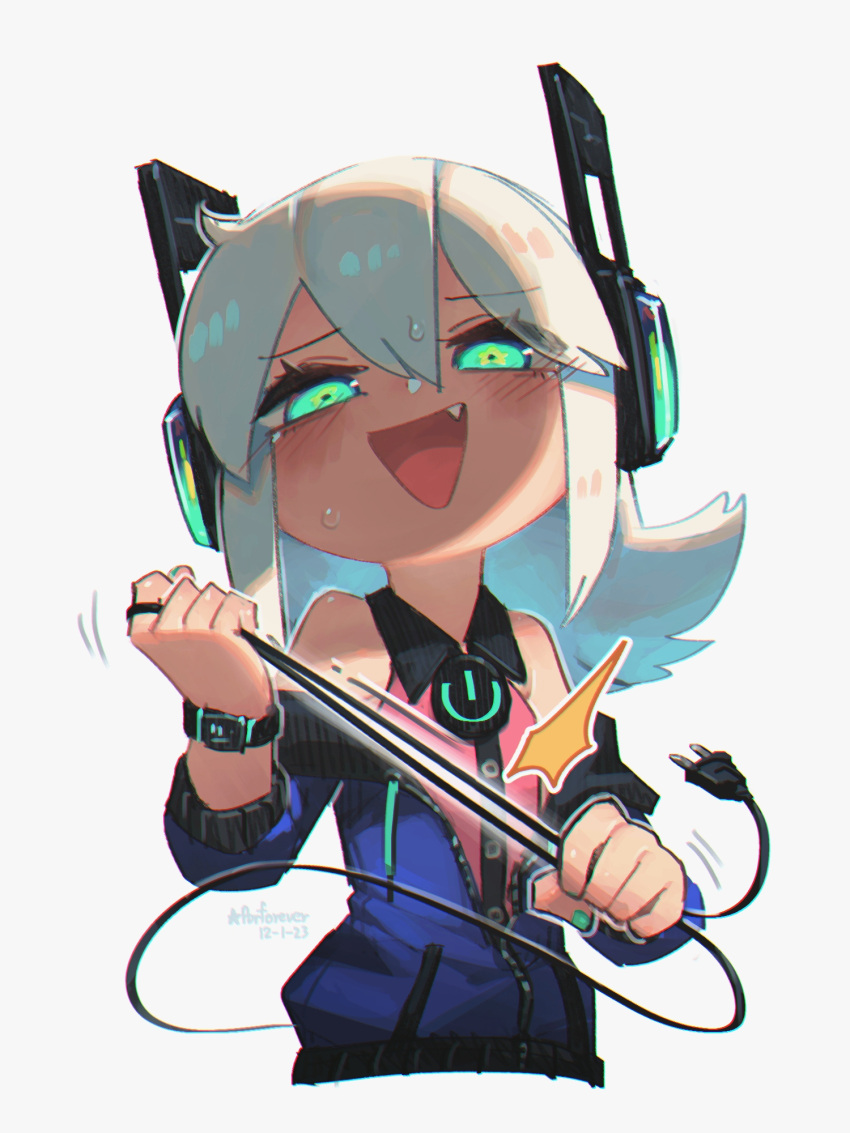 1girl :d aqua_eyes aqua_nails blush cable cable_tail digitan_(porforever) electric_plug_tail fang hair_between_eyes headphones highres lightning_bolt_symbol long_hair looking_at_viewer mechanical_tail open_mouth original porforever power_symbol smile solo star-shaped_pupils star_(symbol) symbol-shaped_pupils tail watch white_hair wristwatch