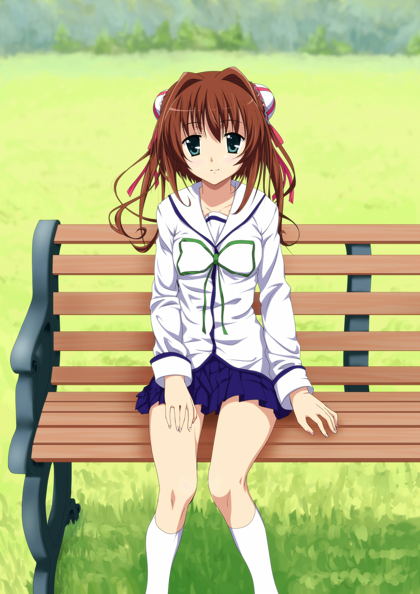 asakura_yume bench brown_hair da_capo da_capo_ii highres iyakun official_art sitting skirt smile solo