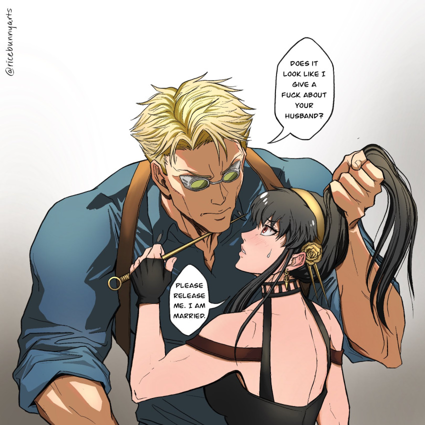 1boy 1girl bare_shoulders black_dress black_hair blonde_hair blue_shirt breasts cleavage collared_shirt crossover dagger dress earrings english_text flower formal gloves goggles gold_earrings gold_hairband hair_ornament hairband highres holding holding_another's_hair holding_dagger holding_hair holding_knife holding_weapon jewelry jujutsu_kaisen knife large_breasts long_hair long_sleeves nanami_kento red_eyes ricebunnyarts shirt short_hair sidelocks spy_x_family standing stiletto_(weapon) two-sided_dress two-sided_fabric undercut upper_body weapon yor_briar
