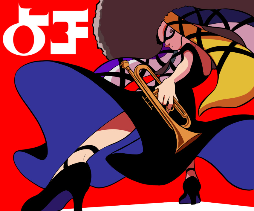 1girl black_dress black_footwear blonde_hair blue_hair brown_eyes closed_mouth dress high_heels holding holding_instrument instrument legs_apart long_hair multicolored_hair no_pupils purple_hair shoes solo splatoon_(series) standing tentacle_hair teo_(teorekka) trumpet yoko_(splatoon)