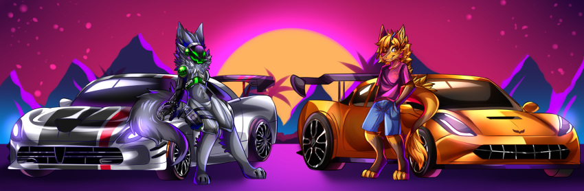 anthro car chevrolet chevrolet_corvette chevy clothed clothing dodge_(brand) dodge_viper duo green_body green_eyes hi_res machine male male/male nardoragon orange_body protogen robotic_arm siobun vehicle xander_(exgamingstream) yuri_chacal