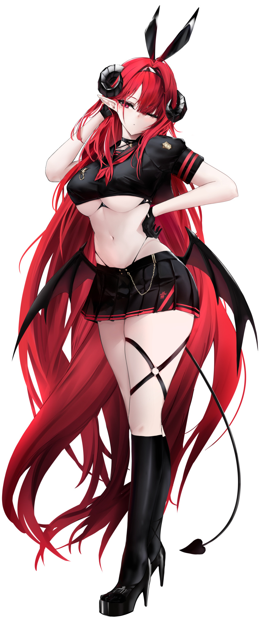 1girl absurdres alternate_costume azur_lane black_footwear black_gloves black_horns black_shirt black_skirt black_socks breasts closed_mouth commentary_request crop_top cropped_shirt curled_horns demon_girl demon_tail demon_wings from_side full_body gloves heart heart_tail high_heels highres hindenburg_(azur_lane) horns iron_blood_(emblem) large_breasts long_hair midriff miniskirt mole mole_under_eye navel ner0o pleated_skirt pointy_ears red_eyes red_hair revision school_uniform shirt shoes short_sleeves simple_background skirt socks solo stomach tail underboob very_long_hair white_background wings
